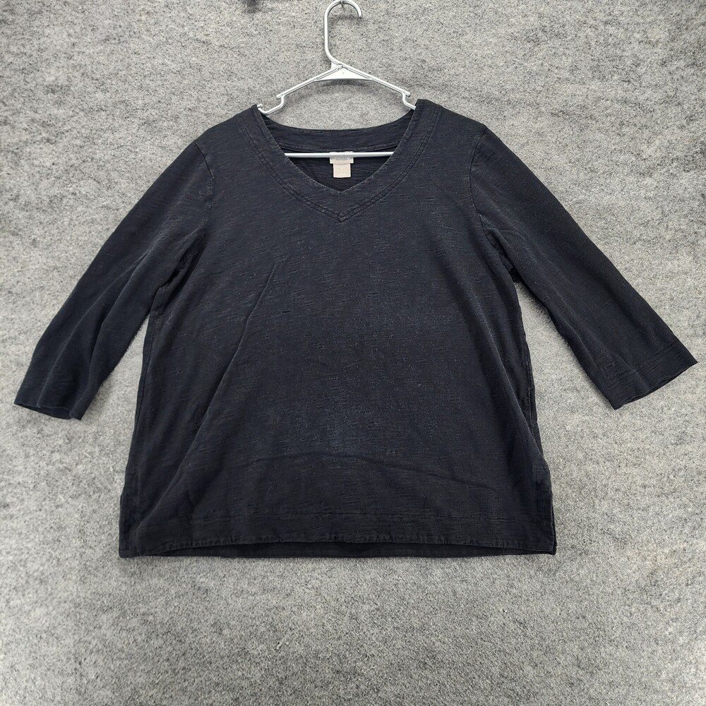 Chicos Shirt Womens Size 2 US Large 3/4 Sleeve Black V Neck